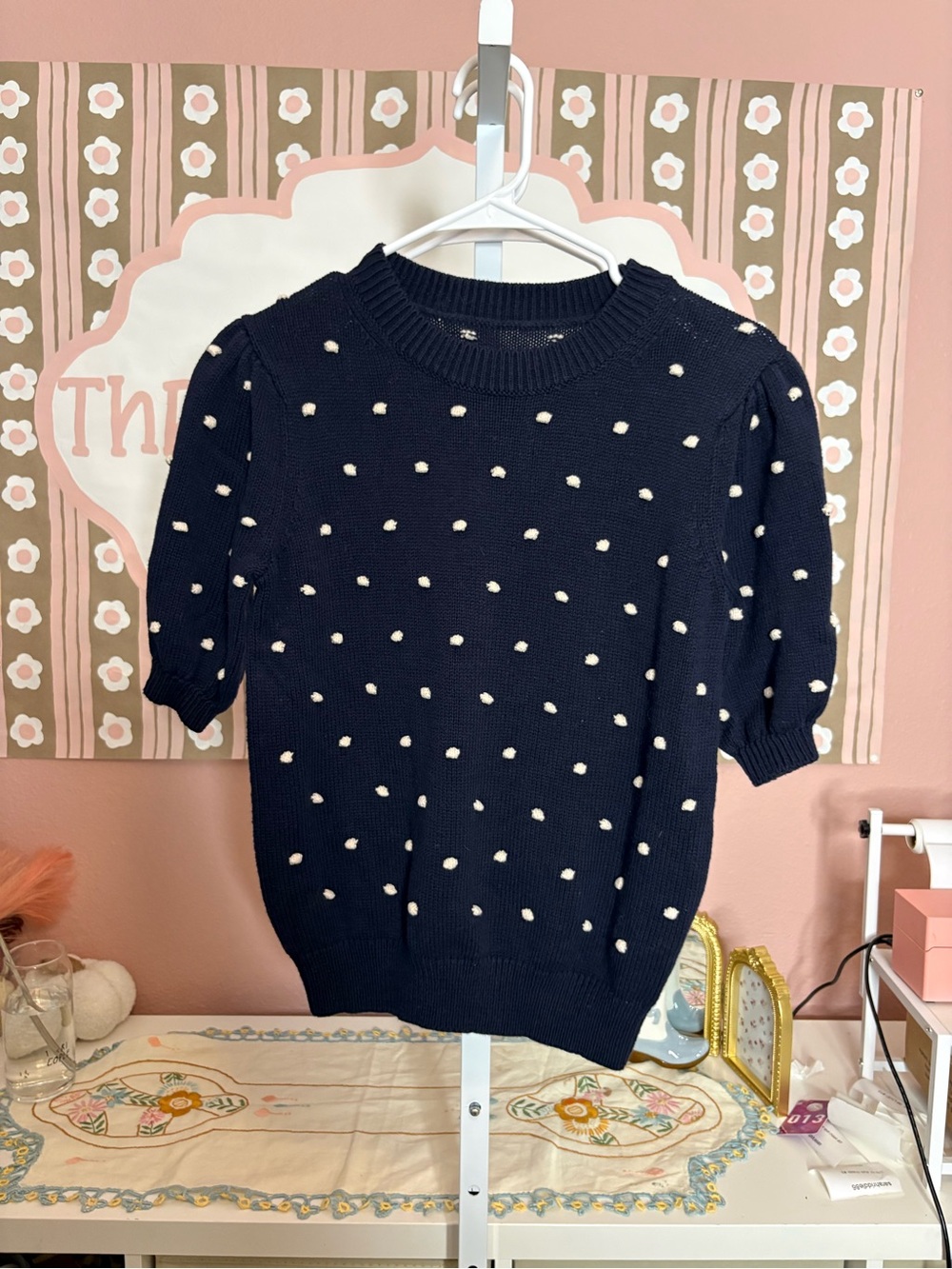 J-Crew Navy Dot Puff-Sleeve Knit Sweater